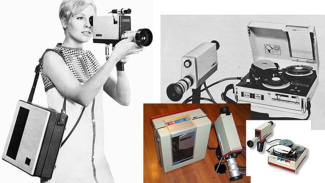 1960s home movie cameras, with a woman filming on a cine camera