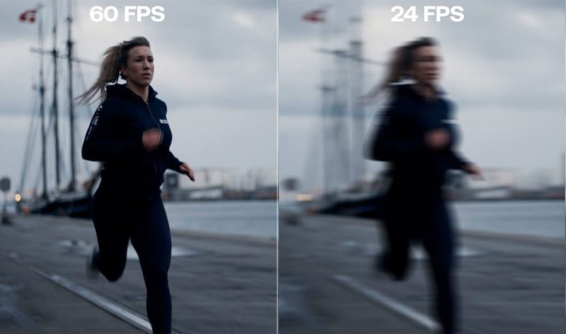 The same running shot at 60fps and 24fps; the 24fps frame shows more motion blur