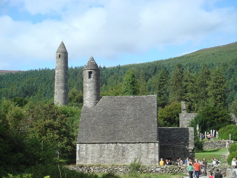 The round tower and monastic site at Glendalough, County Wicklow