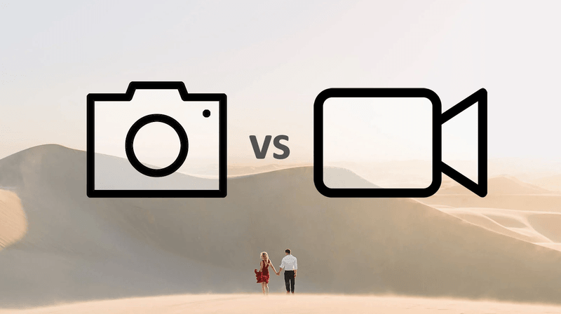 Photography versus videography: a camera icon beside a video camera icon