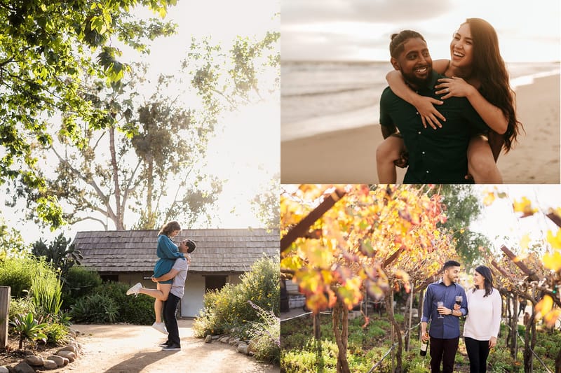 Collage of relaxed couple poses: a piggyback, a lift and a walk through a vineyard