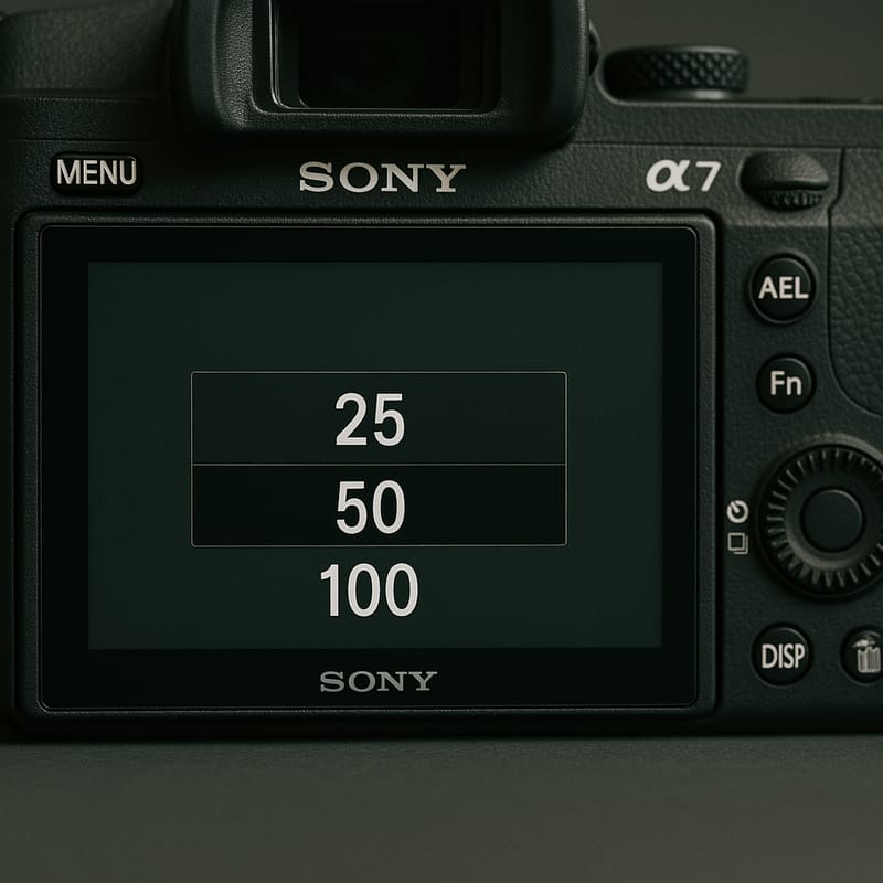 A Sony α7 camera menu showing frame rate options of 25, 50 and 100fps