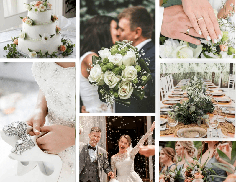Collage of wedding details: cake, rings, bouquet, table settings and the couple