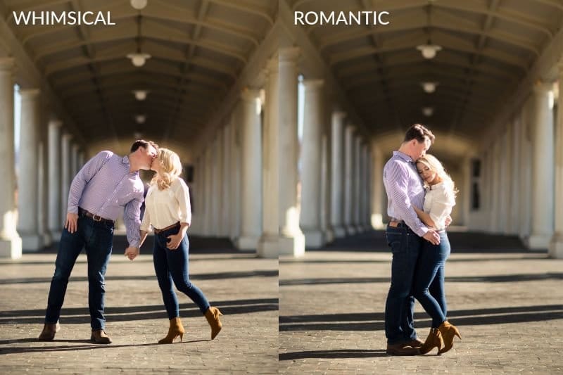 The same couple in a 'whimsical' pose and a 'romantic' pose in a colonnade